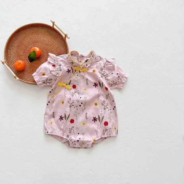 Yg 2022 Summer Baby Bodycon Jumpsuit Mini Broken Floral Bowknot Baby Boys Short Sleeve Jumpsuit Baby Clothes