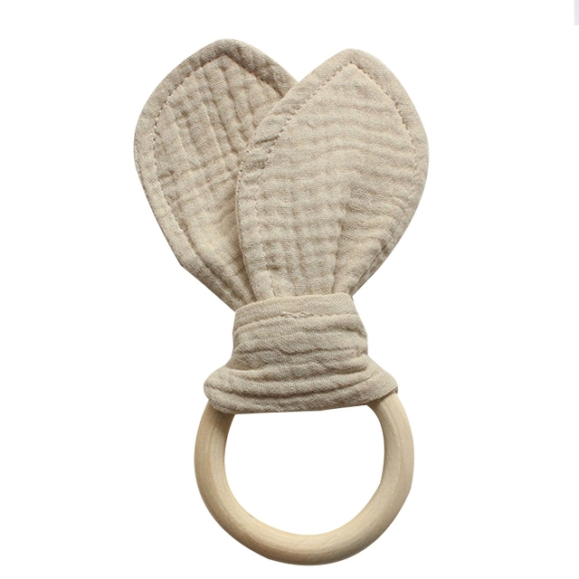 Baby Wooden Hand Grasp Soft Toy Cotton Cute Rabbit Ears Teether Comfortable Bracelet Teething Toy Sensory Rattle Gif