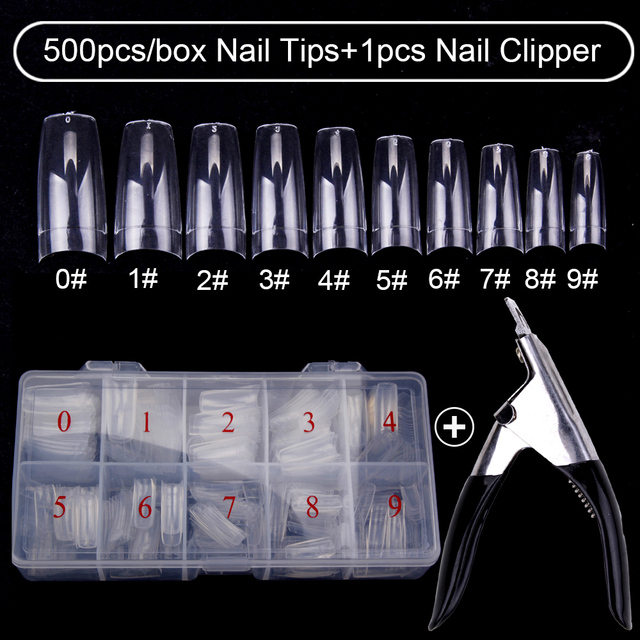 500pcs/box Clear Artificial False Nail Tips Capsule with Nails Cutter Coffin French Full Cover Fake Nails Manicure Tools