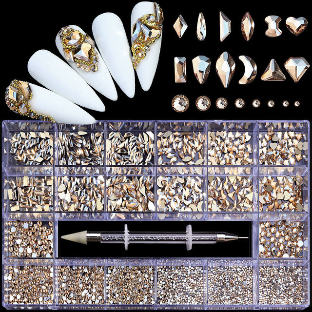 Luxury Box Shiny Diamond Nail Art Rhinestone Crystal Glass Set Decorations Set 1pcs Pick up Pen in Grids Box 21 Shapes of 2500pcs