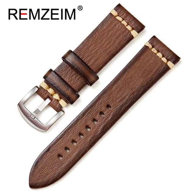 REMZEIM Retro Handmade Genuine Leather Strap Vegetable Tanned Leather Watchband 18 20 22 24mm High Quality Business Watch Band