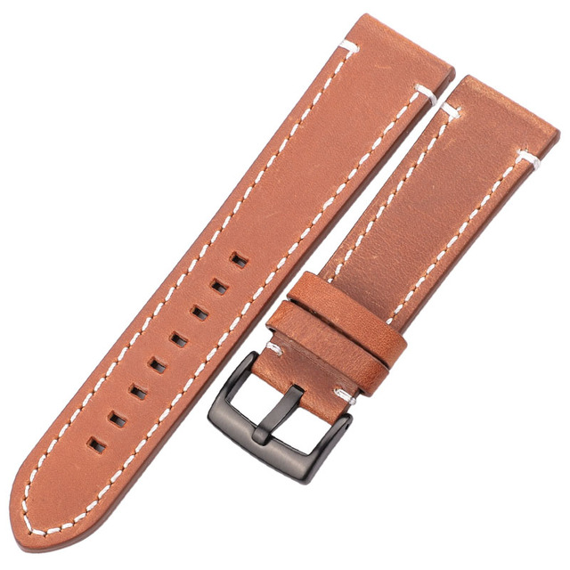 HENGRC - Genuine Cowhide Leather Watch Strap for Men and Women, Thickness 18, 20, 22, 24mm, Handmade, Retro, with Metal Buckles