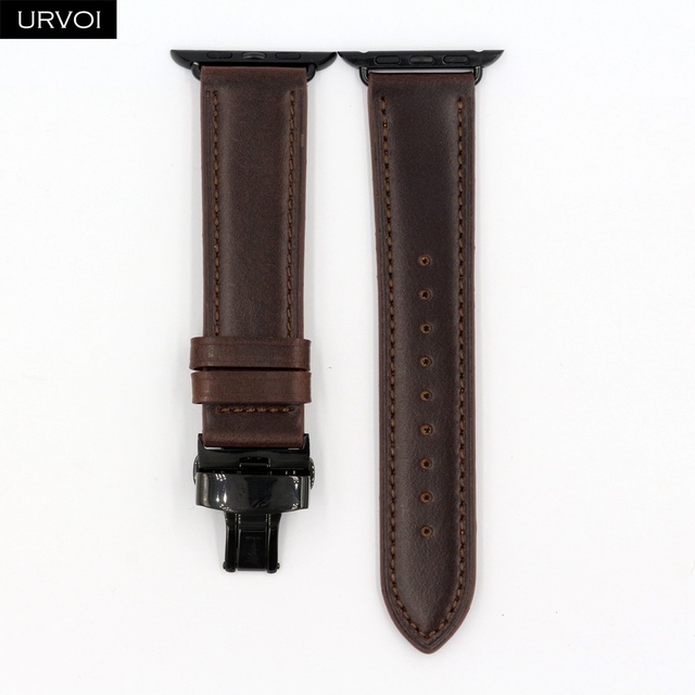 URVOI Deploy Buckle Band for Apple Watch 7 6 SE 5 4 3 Leather Strap for iwatch 41mm 45mm Single Round Design Butterfly Buckle