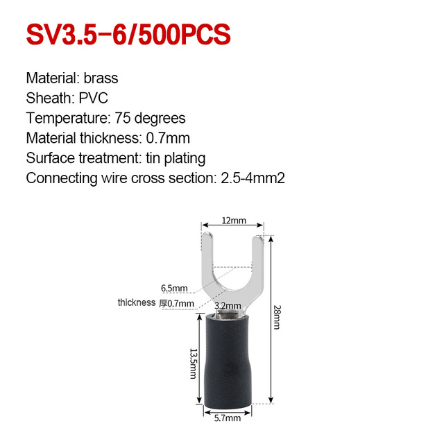 1000pcs SV 1.25 2 3.5-(3 4 5 6) Insulated Wire Terminals Electrical Lug Crimp Terminal 1.5-2.5mm-4mm 16-14 awg