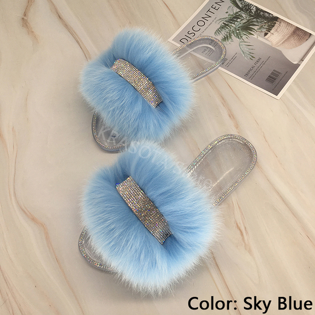 Jelly Slippers Transparent Crystal Flat Slippers Furry Slides for Women Fluffy Slippers Fur Sandals Flip Flop Ladies Summer 2022