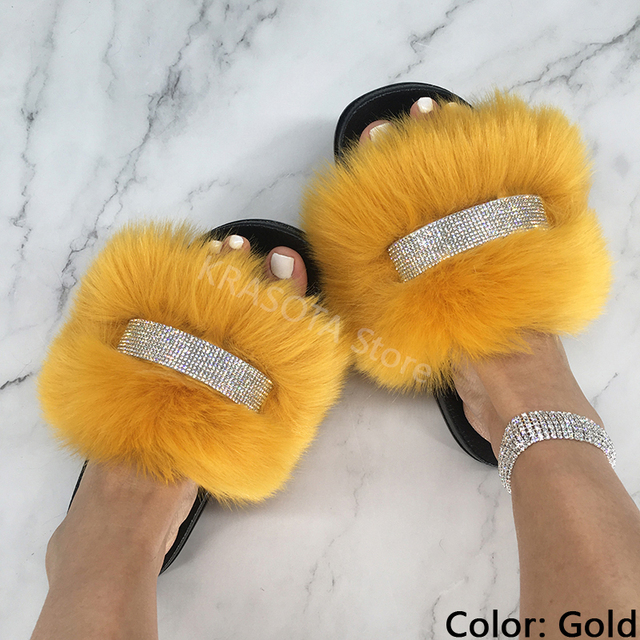 Home Slippers Women Thin Slippers Luxury Summer Faux Fur Slippers Furry Slides Shoes For Women With Rhinestones Slipper 2022