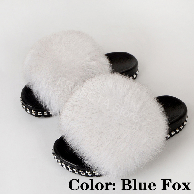 Fur Slippers Women Real Fox Fur Slides Fluffy Home Slippers Luxury Flip Flop with Fur Ladies Platform Sandals Summer Shoes Women