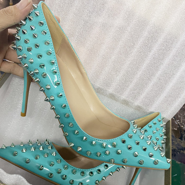 Yellow Color Rivets Women Pointed Toe Stiletto High Heels Size 33-45 Punk Rivets Slip On Sex Pumps