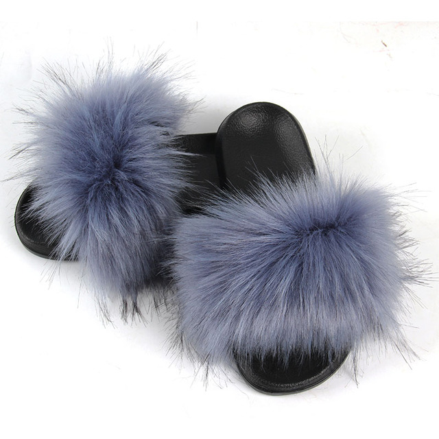 Women Summer New Synthetic Fox Fur Slippers Indoor Home Furry Cute Faux Raccoon Fur Non-slip Outdoor Home Shoes Beach Sandals