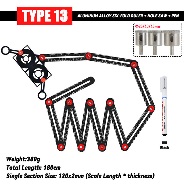 Fold Angle Ruler Aluminum Measuring Ruler for Tile Floor Glass Woodworking Locator Hole Template Tile Hole Guide