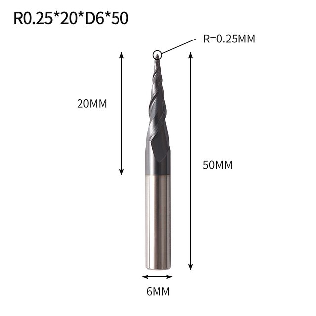 VACK - Ball Nose Pointed End Mills, 3.175mm, 4mm, 6mm, 8mm, Router Bits, Cnc, Wood and Metal Milling Machine