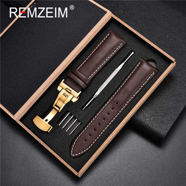 Rimzm Soft Calfskin Leather Watches 18mm 20mm 22mm 24mm Straps Automatic Butterfly Clasp Watch Accessories With Box