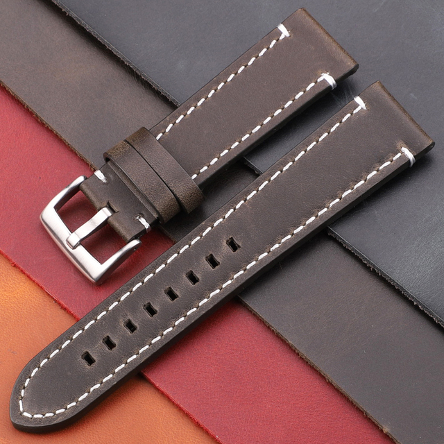 Genuine Leather Watch Band Strap Manual Men Thick 7 Colors 18mm 20mm 22mm 24mm Watchbands Stainless Steel Buckle Accessories