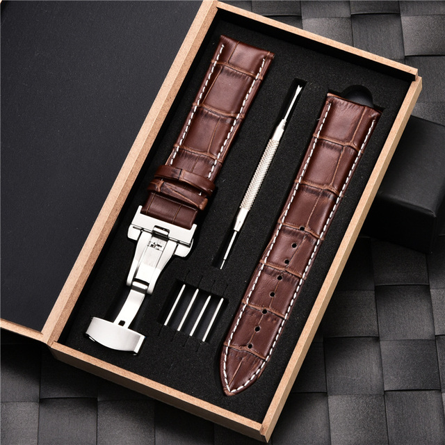 Grain Leather Watches With Stainless Steel Automatic Clasp Men's Watch Bracelet 18mm 20mm 22mm 24mm Gift Watch Box Straps