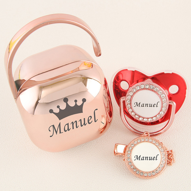 Luxury Personalized Any Name Rose Gold Bling Baby Pacifier And Clips Pacifier Box Set BPA Free Doll Soother Unique Shower Gift