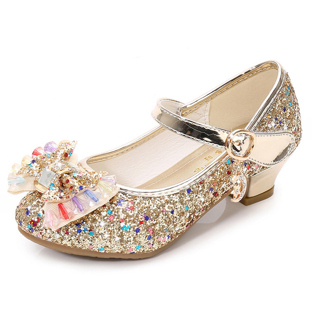 ULKNN-Girls Princess Leather Shoes Casual Floral Sequin High Heel Butterfly Bowknot Shoes Blue Pink Silver