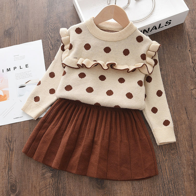 Menoea Christmas Girls Clothes Sets For Kids Knitted Winter Dots T-shirts Skirt 2pcs Suits Ruffles Christmas Vestidos Children Clothes