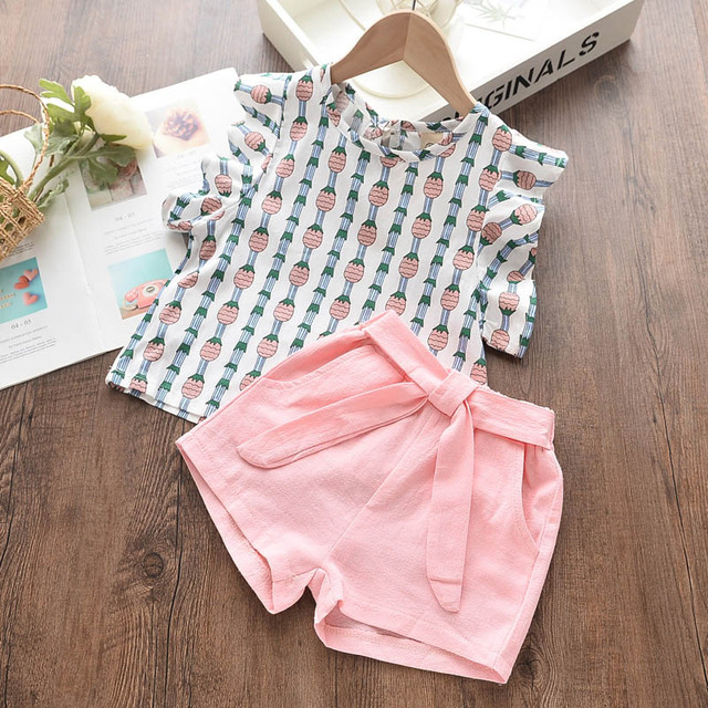 2022 Summer New Kids Clothes Fruit Print Casual Girls Clothing Set + Pants 2 Pack Fashion Ribbon Bow Set Toddler Clothing