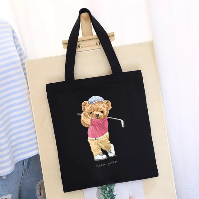 Women's Shopping Bag All-match Bear Chain Handbag Folding Reusable Canvas Shopper Harajuku Style Bag New Student Canvas Tote Bag