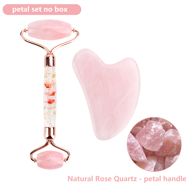 Natural Pink Quartz Jade Roller Gua Sha Set Facial Body Massager Roller Stone Jade Massage Set Face Lifting Beauty Massage Device