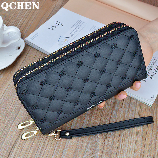 Long Wallet Double Zipper Crown Embroidery Thread Wallet Women Multi Cards Fashion Wild Mobile Phone Bag Wallets 785