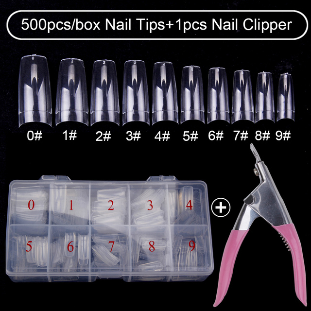 500pcs/box Clear Artificial False Nail Tips Capsule with Nails Cutter Coffin French Full Cover Fake Nails Manicure Tools