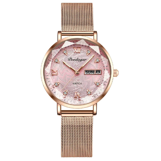 Swiss Brand POEDAGAR Women Watches Luxury Rose Gold Mesh Wristwatch Fashion Simple Waterproof Date Ladies Bracelet Watch Clock