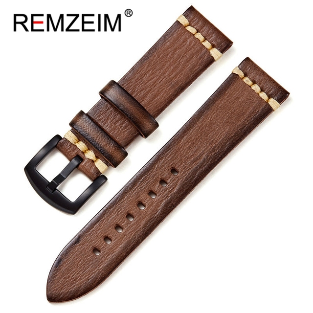 REMZEIM Retro Handmade Genuine Leather Strap Vegetable Tanned Leather Watchband 18 20 22 24mm High Quality Business Watch Band