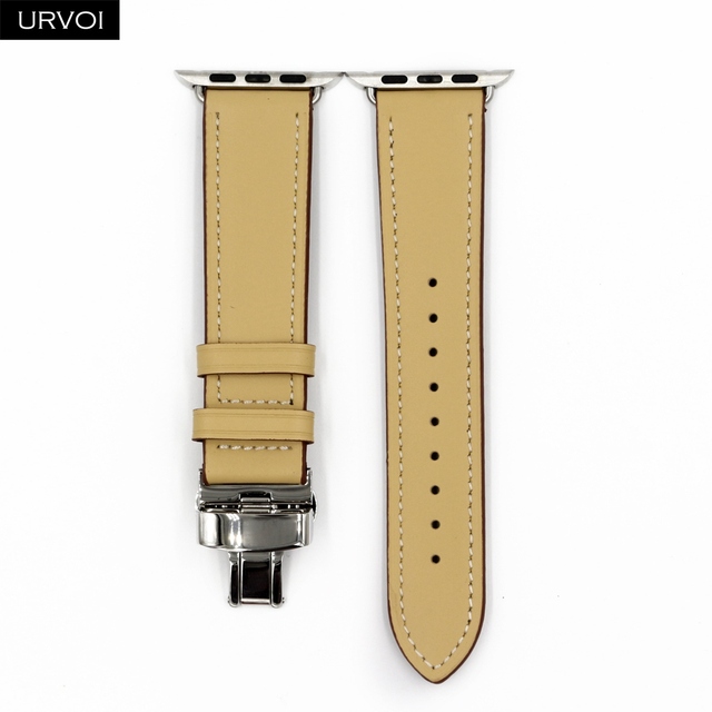 URVOI Deploy Buckle Band for Apple Watch 7 6 SE 5 4 3 Leather Strap for iwatch 41mm 45mm Single Round Design Butterfly Buckle