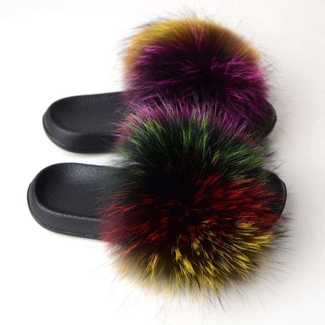 Real Fox Fur Slippers Women Summer Indoor Fluffy Flat Raccoon Fur Slides Outdoor Fashion Casual Beach Shoes Plus Size Shoes