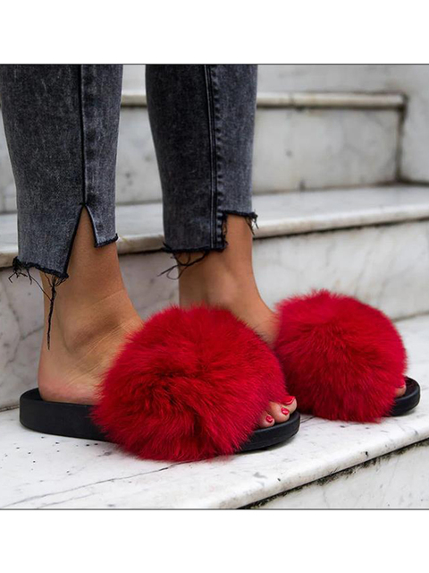 Women Fox Shoes Fur Slippers Real Fox Fur Slides Home Furry Flat Sandals Female Cute Wholesale House Shoes Woman Luxury Brand Ho