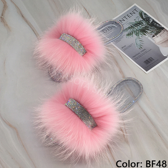 Jelly Slippers Transparent Crystal Flat Slippers Furry Slides for Women Fluffy Slippers Fur Sandals Flip Flop Ladies Summer 2022