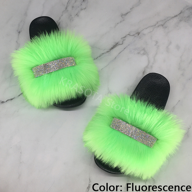 Home Slippers Women Thin Slippers Luxury Summer Faux Fur Slippers Furry Slides Shoes For Women With Rhinestones Slipper 2022