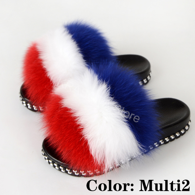 Fur Slippers Women Real Fox Fur Slides Fluffy Home Slippers Luxury Flip Flop with Fur Ladies Platform Sandals Summer Shoes Women