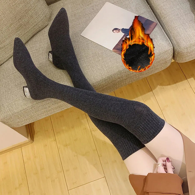 Women Over The Knee Sock Boots Knitting Sock Boots Pointed Toe Elastic Slim Female Thigh High Boots Flat Botas De Mujer Boots