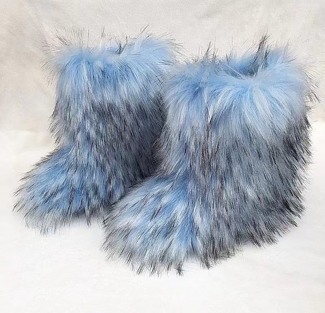 Women Snow Boots Outdoor Fur Boots Fluffy Fur Female Luxury Furry Plush Bottes Warm Mid-Calf Winter Boots Large Size Platform