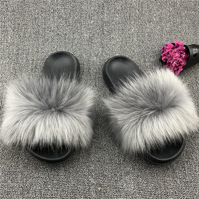 Fashion designer luxury ladies furry fur slippers colorful sandals rainbow shoes for women