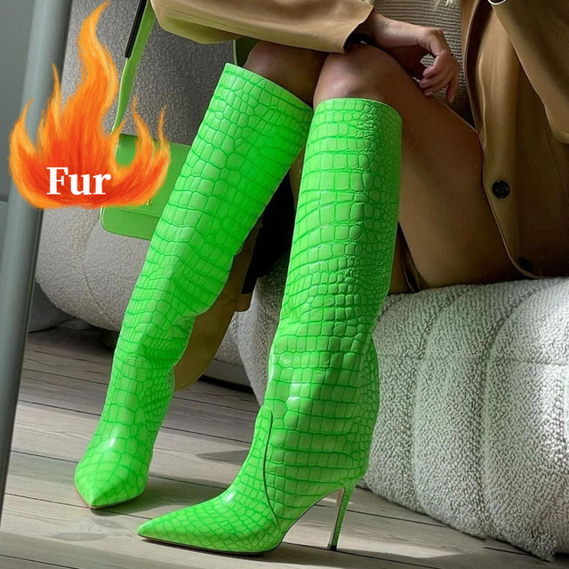 Size 34-43 Women Super Fiber Stone Pattern Knee High Boots Pointed Toe Thin Heel Slip On Party Club Winter Women's Girl Shoes