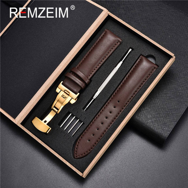 Rimzm Soft Calfskin Leather Watches 18mm 20mm 22mm 24mm Straps Automatic Butterfly Clasp Watch Accessories With Box