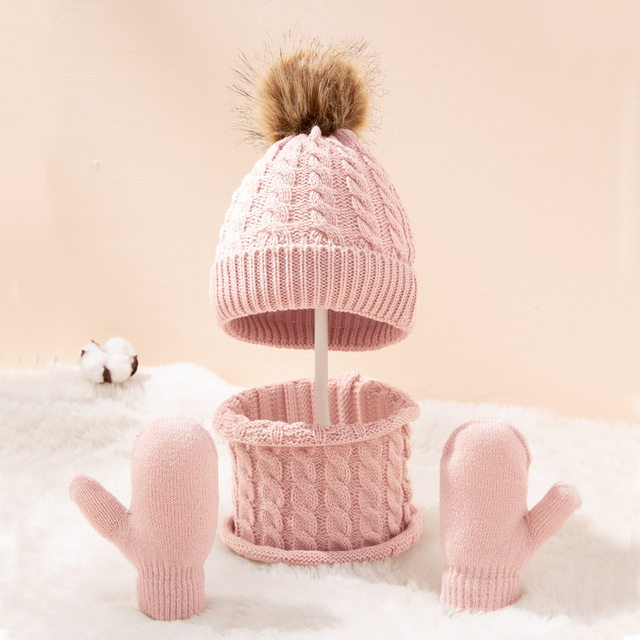 Cute Hat Scarf Set Beanie Hat Gloves 3pcs Children Hats Girls Fake Ball Pom Keep Warm Winter Knitted Skullies Kids Bone