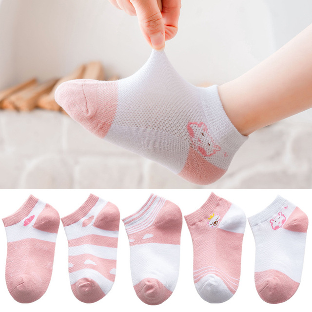 5 Pairs Girls Cotton Socks Summer Thin Mesh Breathable Cute Cartoon Children Socks Toddler Baby Girls Socks Pink 1-12 Years