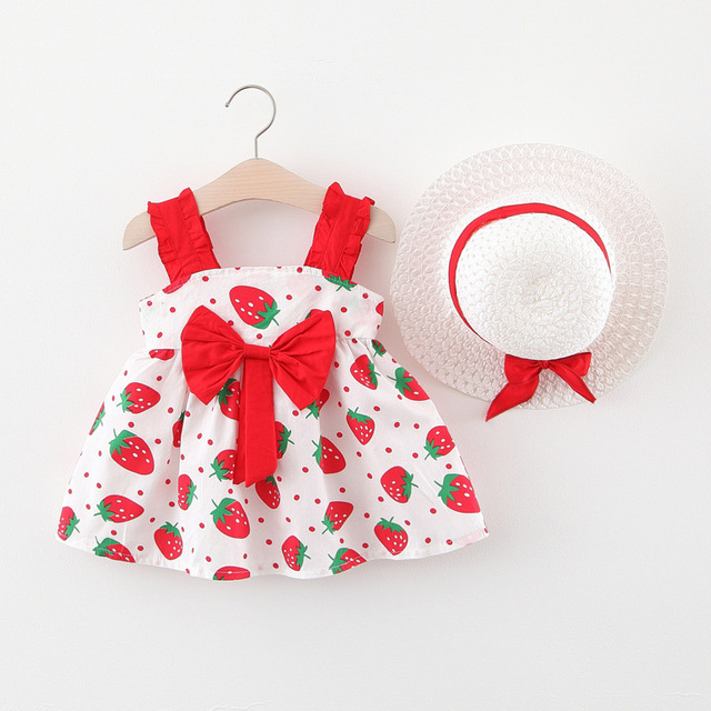 Summer Toddler Infant Girl Clothes Set Baby BeBe Beach Dresses Cute Bow Plaid Sleeveless Cotton Newborn Princess Dress+Sunhat