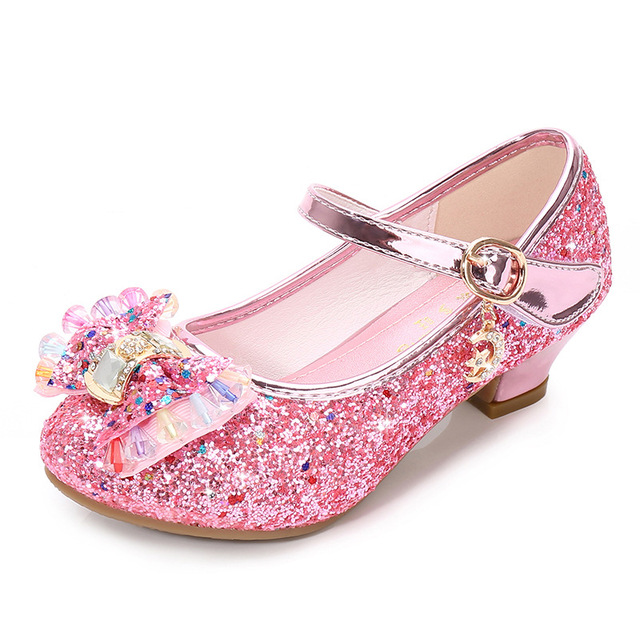 ULKNN-Girls Princess Leather Shoes Casual Floral Sequin High Heel Butterfly Bowknot Shoes Blue Pink Silver