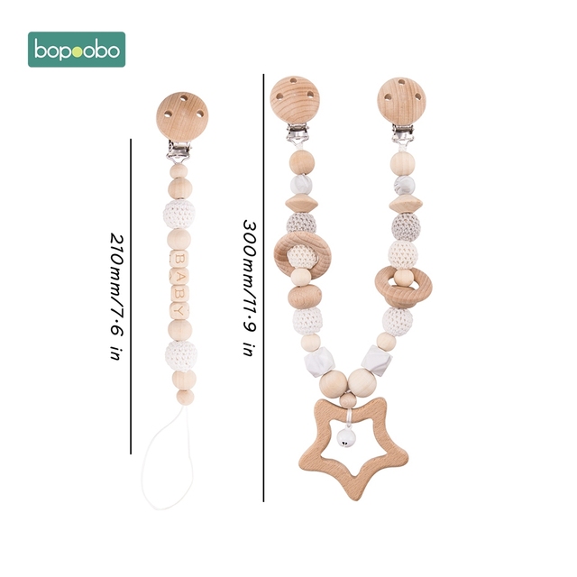 Baby Wooden Toy Stroller Clip Baby Mobile Stroller Customized Silicone Pill Pacifier Chain Chew Silicone Rattle Baby Wooden Teether