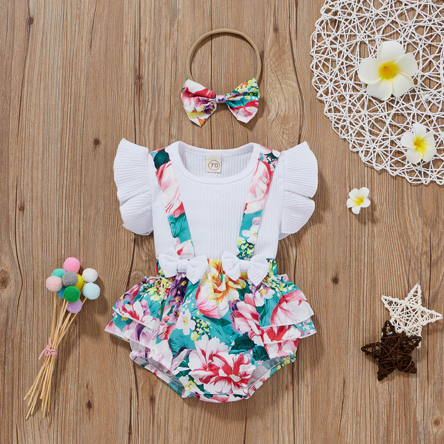 Newborn Baby Girls Clothes Sets Toddler Girls Outfits Ruffle Sleeve T-shirt Suspenders Pants Headband 3pcs Outfit Set Toddler 0-18M