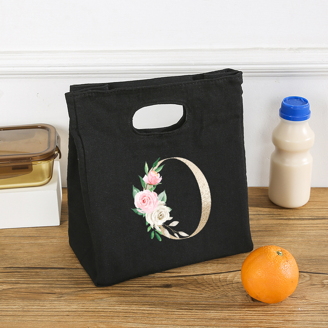 Rose Flower Letters A-Z Canvas Lunch Bag Harajuku Insulated Functional Thermal Pouch Cooler Bags for Women Funny Kid Picnic Box