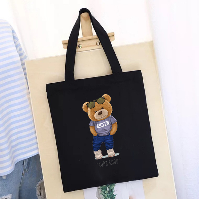 Women's Shopping Bag All-match Bear Chain Handbag Folding Reusable Canvas Shopper Harajuku Style Bag New Student Canvas Tote Bag