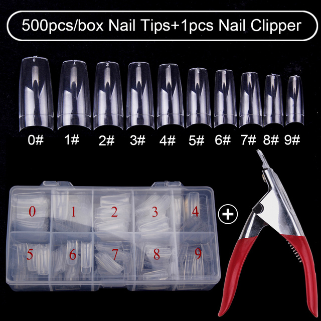 500pcs/box Clear Artificial False Nail Tips Capsule with Nails Cutter Coffin French Full Cover Fake Nails Manicure Tools