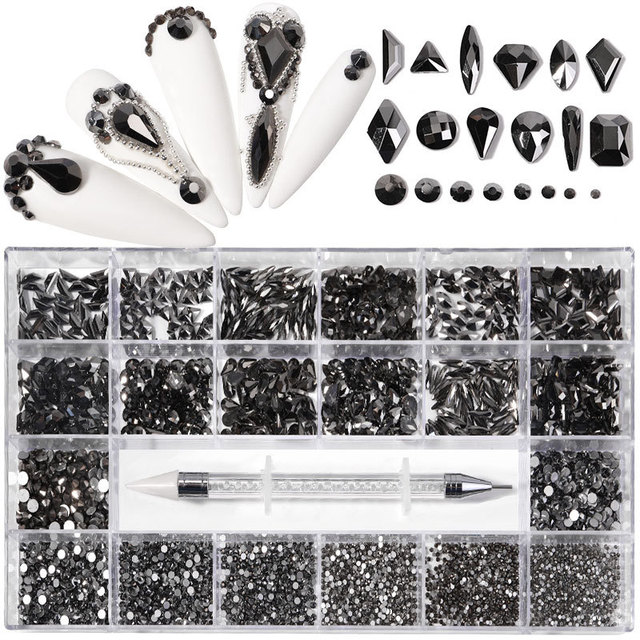 Luxury Box Shiny Diamond Nail Art Rhinestone Crystal Glass Set Decorations Set 1pcs Pick up Pen in Grids Box 21 Shapes of 2500pcs