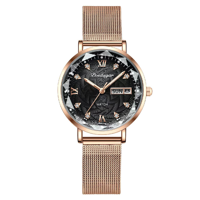 Swiss Brand POEDAGAR Women Watches Luxury Rose Gold Mesh Wristwatch Fashion Simple Waterproof Date Ladies Bracelet Watch Clock